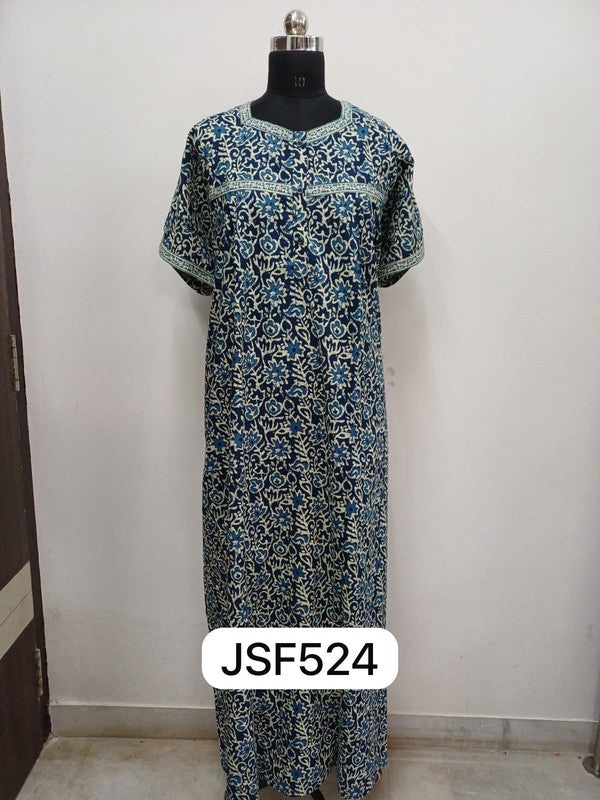 Women's Nighty Cotton Blend Full Length Printed Night Dress Comfortable Sleepwear for Women - Navy - 524A