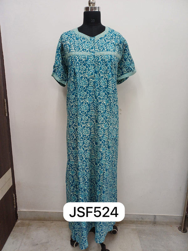 Women’s Nighty Cotton Blend Full Length Printed Night Dress Comfortable Sleepwear for Women - T.Blue - 524A