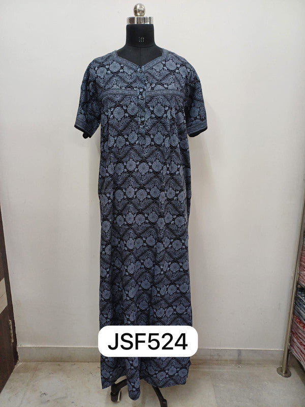 Women's Nighty Cotton Blend Full Length Printed Night Dress Comfortable Sleepwear for Women - Light Grey - 524B