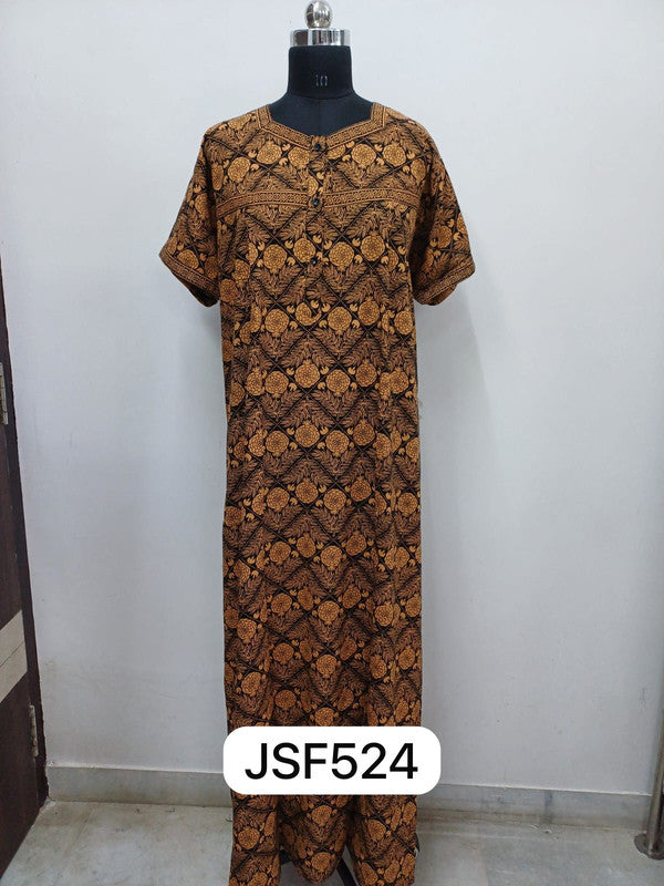 Women's Nighty Cotton Blend Full Length Printed Night Dress Comfortable Sleepwear for Women - Mustard - 524B