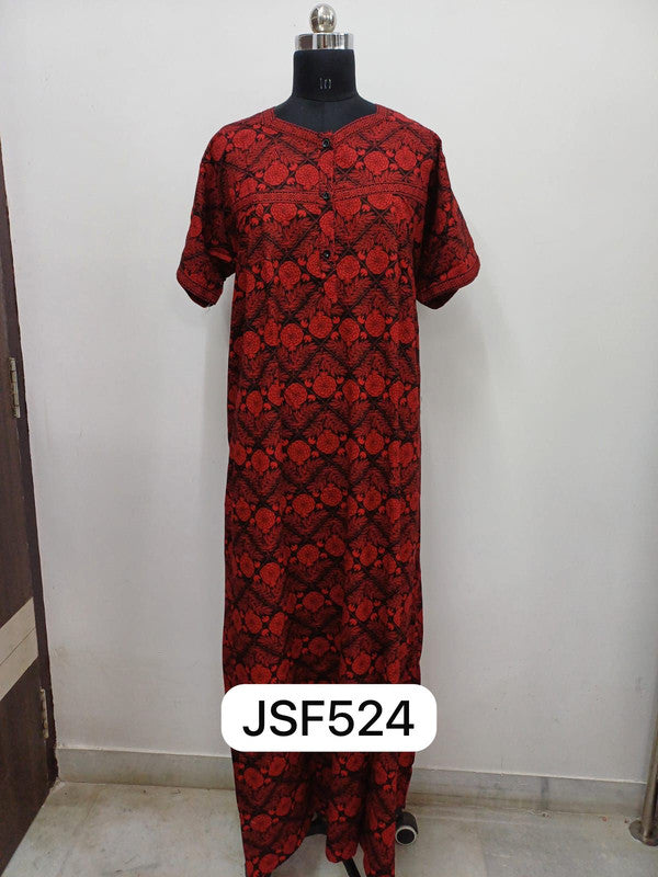 Women’s Nighty Cotton Blend Full Length Printed Night Dress Comfortable Sleepwear for Women - Red - 524B