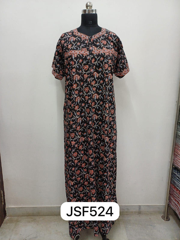 Women's Nighty Cotton Blend Full Length Printed Night Dress Comfortable Sleepwear for Women - Black - 524C