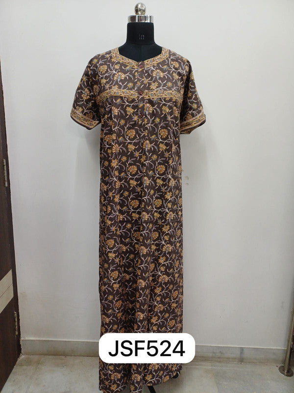 Women's Nighty Cotton Blend Full Length Printed Night Dress Comfortable Sleepwear for Women - Grey - 524C