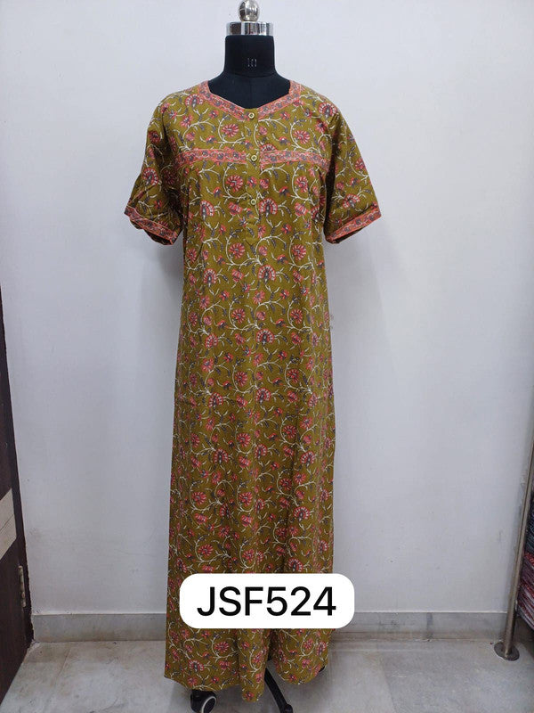 Women's Nighty Cotton Blend Full Length Printed Night Dress Comfortable Sleepwear for Women - Heena Green - 524C