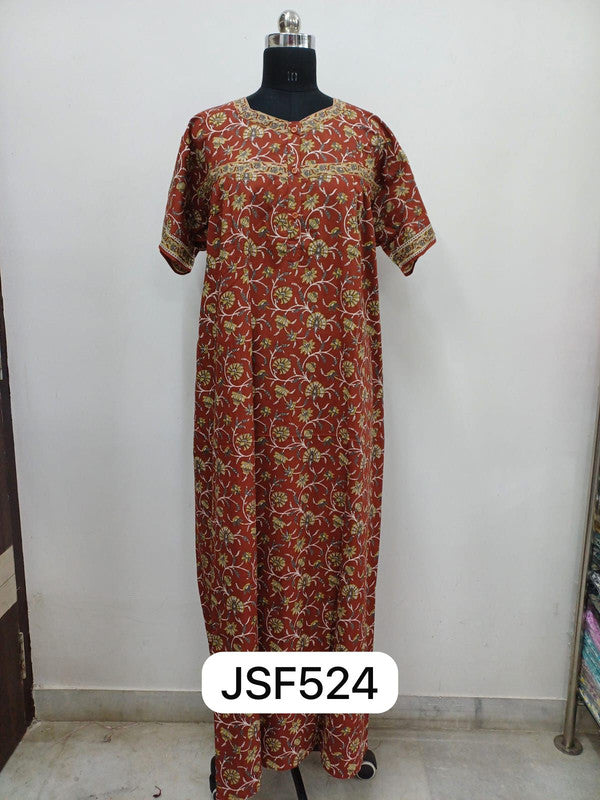 Women’s Nighty Cotton Blend Full Length Printed Night Dress Comfortable Sleepwear for Women - Red - 524C