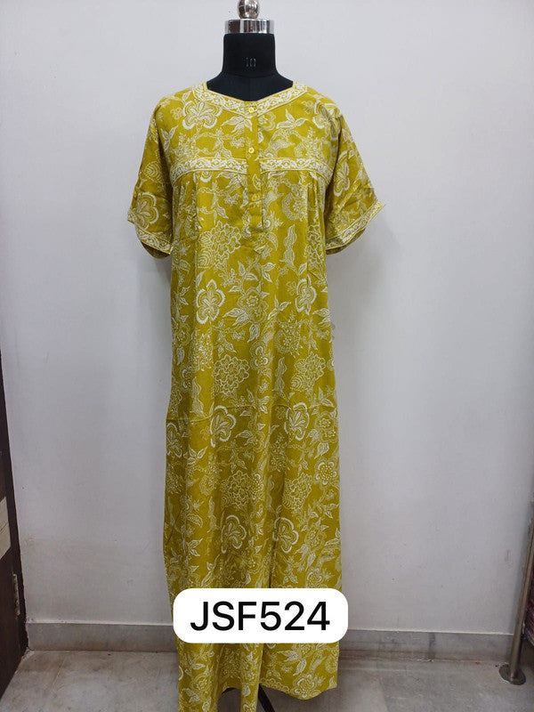 Women's Nighty Cotton Blend Full Length Printed Night Dress Comfortable Sleepwear for Women - Lime Green - 524D