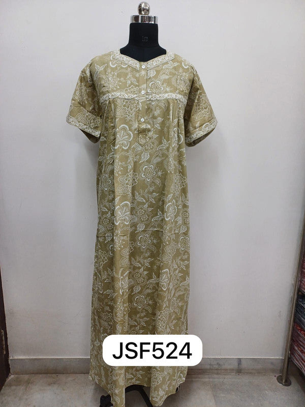 Women's Nighty Cotton Blend Full Length Printed Night Dress Comfortable Sleepwear for Women - Light Olive - 524D