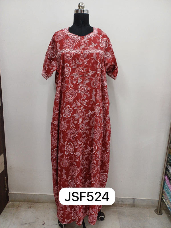 Women’s Nighty Cotton Blend Full Length Printed Night Dress Comfortable Sleepwear for Women - Red - 524D