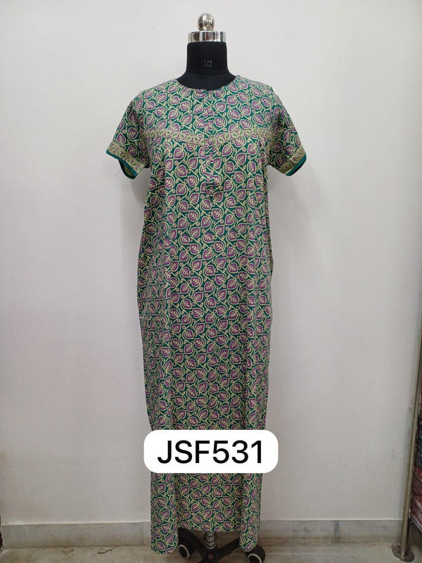 Women's Nighty Cotton Blend Full Length Printed Night Dress Comfortable Sleepwear for Women - Green - 531A