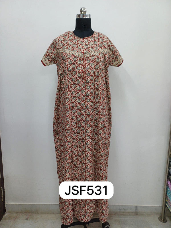 Women's Nighty Cotton Blend Full Length Printed Night Dress Comfortable Sleepwear for Women - Maroon - 531A