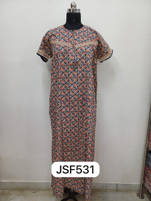 Women's Nighty Cotton Blend Full Length Printed Night Dress Comfortable Sleepwear for Women - Navy - 531A