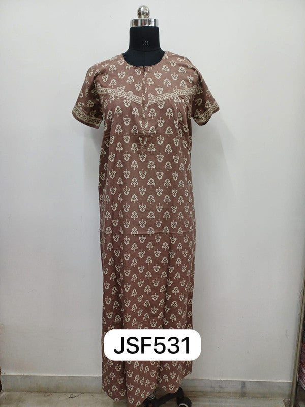 Women's Nighty Cotton Blend Full Length Printed Night Dress Comfortable Sleepwear for Women - Brown - 531B