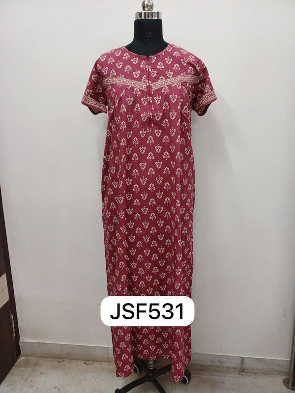 Women's Nighty Cotton Blend Full Length Printed Night Dress Comfortable Sleepwear for Women - Dark Pink - 531B