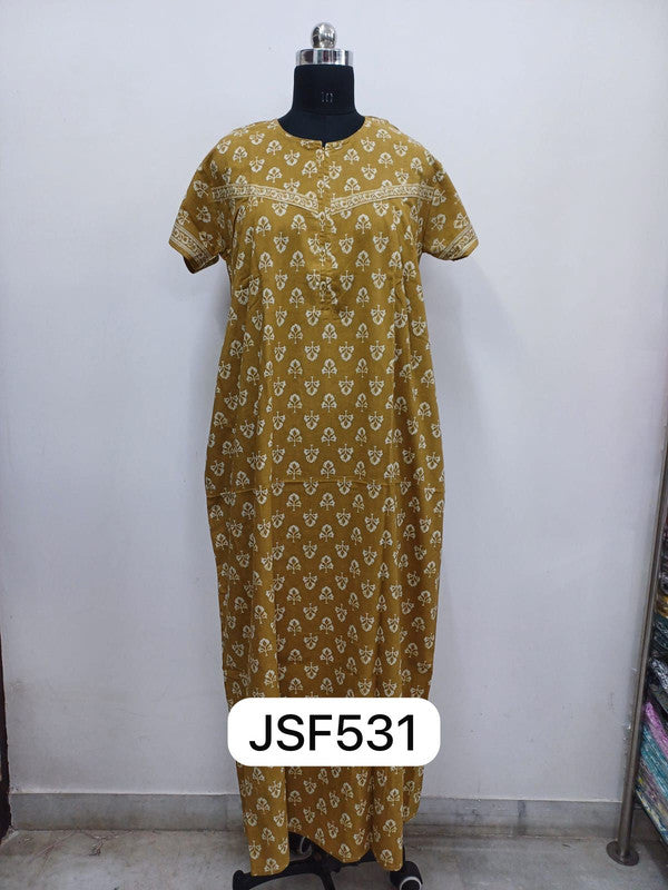 Women's Nighty Cotton Blend Full Length Printed Night Dress Comfortable Sleepwear for Women - Mustard - 531B