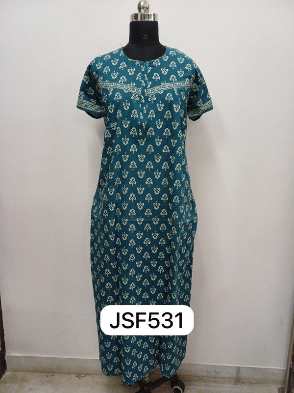 Women's Nighty Cotton Blend Full Length Printed Night Dress Comfortable Sleepwear for Women - Teal Blue - 531B