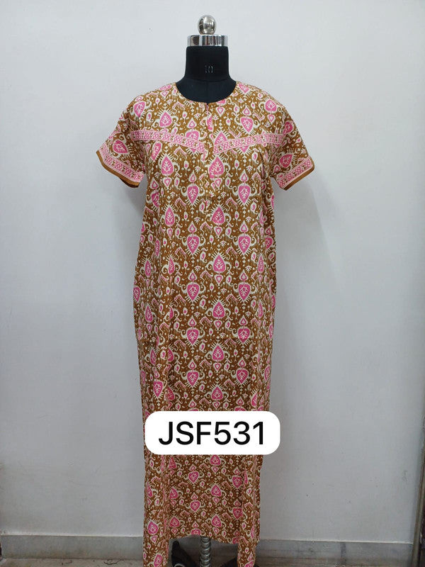 Women's Nighty Cotton Blend Full Length Printed Night Dress Comfortable Sleepwear for Women - Mustard - 531C