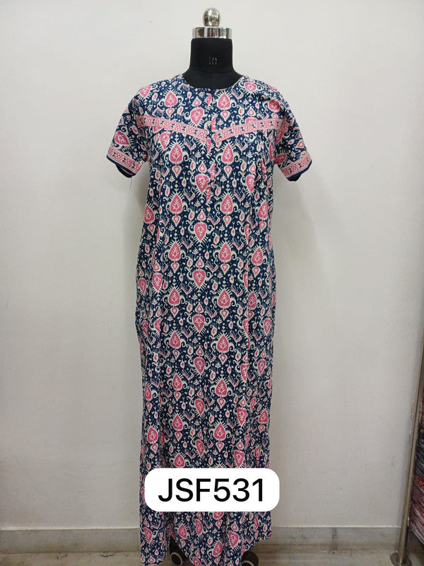 Women's Nighty Cotton Blend Full Length Printed Night Dress Comfortable Sleepwear for Women - Navy Blue - 531C