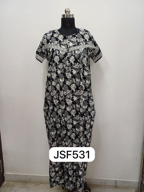 Women's Nighty Cotton Blend Full Length Printed Night Dress Comfortable Sleepwear for Women - Black - 531D