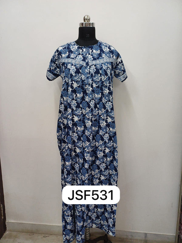 Women's Nighty Cotton Blend Full Length Printed Night Dress Comfortable Sleepwear for Women - Blue - 531D