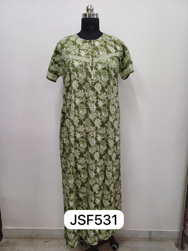 Women's Nighty Cotton Blend Full Length Printed Night Dress Comfortable Sleepwear for Women - Green - 531D