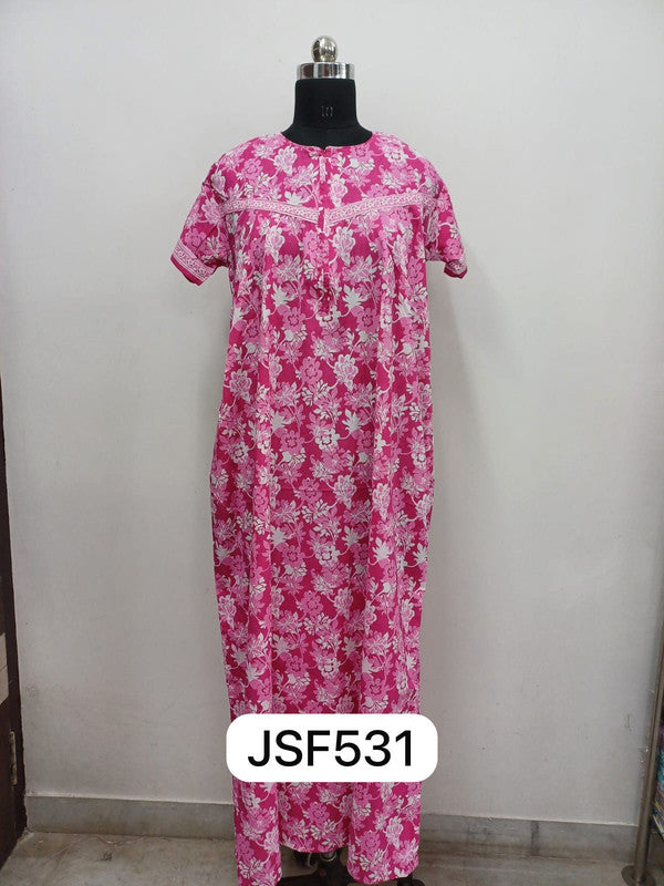 Women's Nighty Cotton Blend Full Length Printed Night Dress Comfortable Sleepwear for Women - Pink - 531D