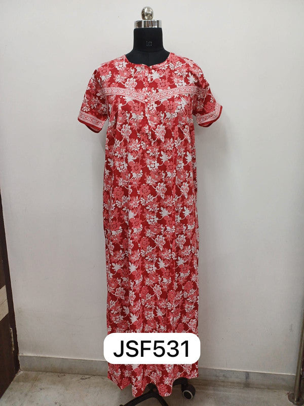 Women's Nighty Cotton Blend Full Length Printed Night Dress Comfortable Sleepwear for Women - Red - 531D