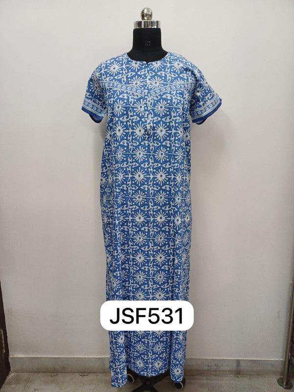 Women's Nighty Cotton Blend Full Length Printed Night Dress Comfortable Sleepwear for Women - Blue - 531E