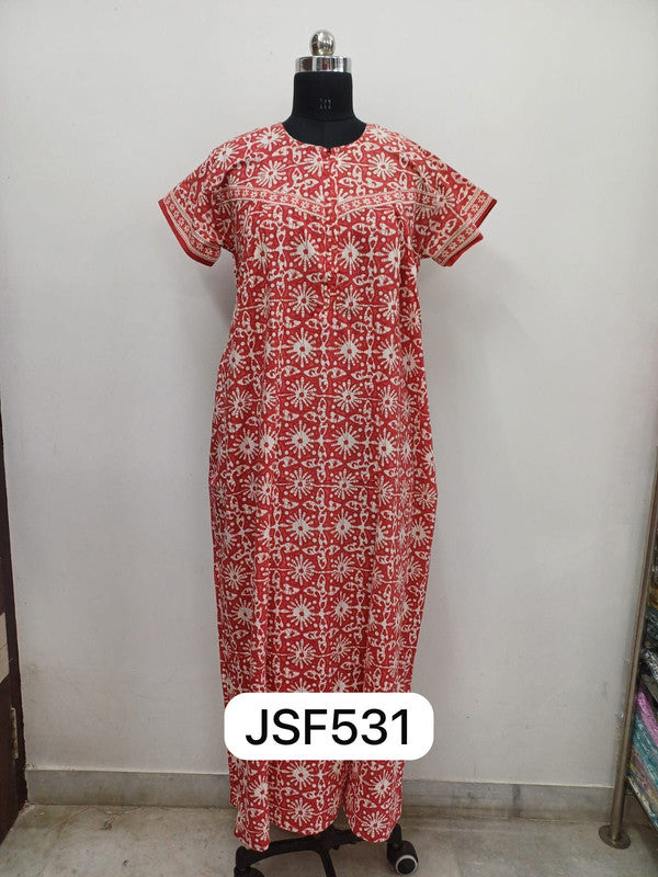 Women's Nighty Cotton Blend Full Length Printed Night Dress Comfortable Sleepwear for Women - Red - 531E