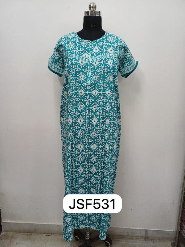 Women's Nighty Cotton Blend Full Length Printed Night Dress Comfortable Sleepwear for Women - T.Green - 531E