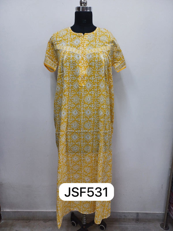 Women's Nighty Cotton Blend Full Length Printed Night Dress Comfortable Sleepwear for Women - Yellow - 531E