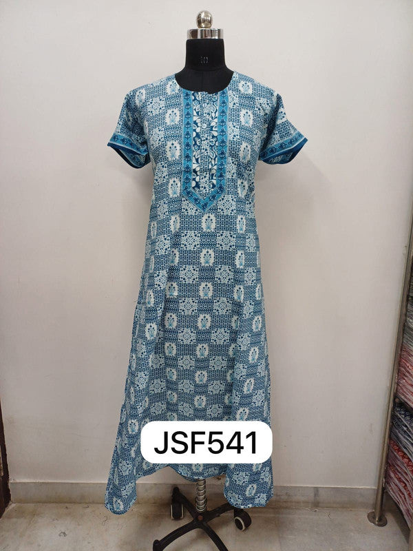 Women's Nighty Cotton Blend Full Length Printed Night Dress Comfortable Sleepwear for Women - Blue - 541A