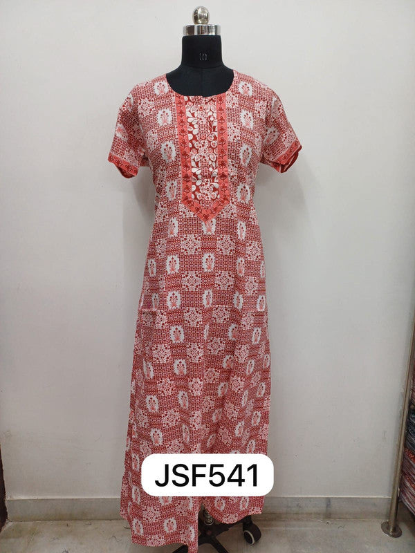 Women's Nighty Cotton Blend Full Length Printed Night Dress Comfortable Sleepwear for Women - Peach - 541A