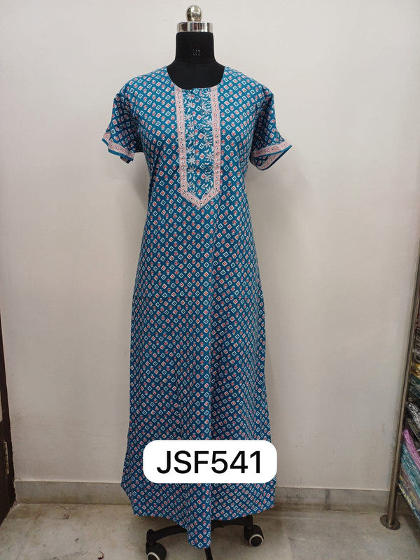 Women's Nighty Cotton Blend Full Length Printed Night Dress Comfortable Sleepwear for Women - Blue - 541B