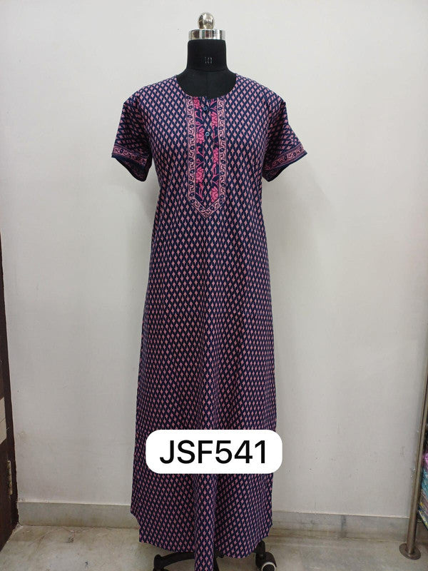 Women's Nighty Cotton Blend Full Length Printed Night Dress Comfortable Sleepwear for Women - Blue - 541C