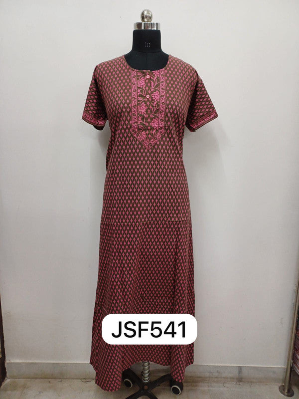Women's Nighty Cotton Blend Full Length Printed Night Dress Comfortable Sleepwear for Women - Brown - 541C