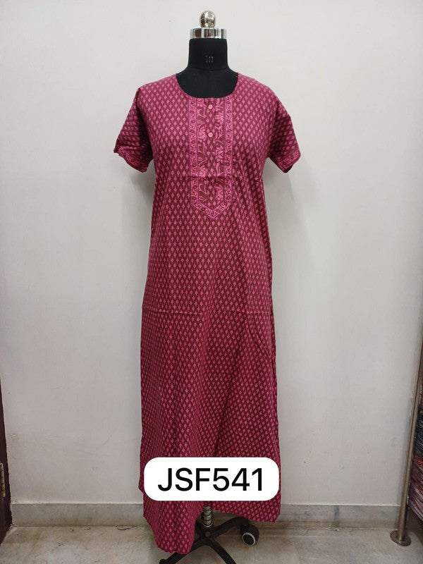 Women's Nighty Cotton Blend Full Length Printed Night Dress Comfortable Sleepwear for Women - Pink - 541C