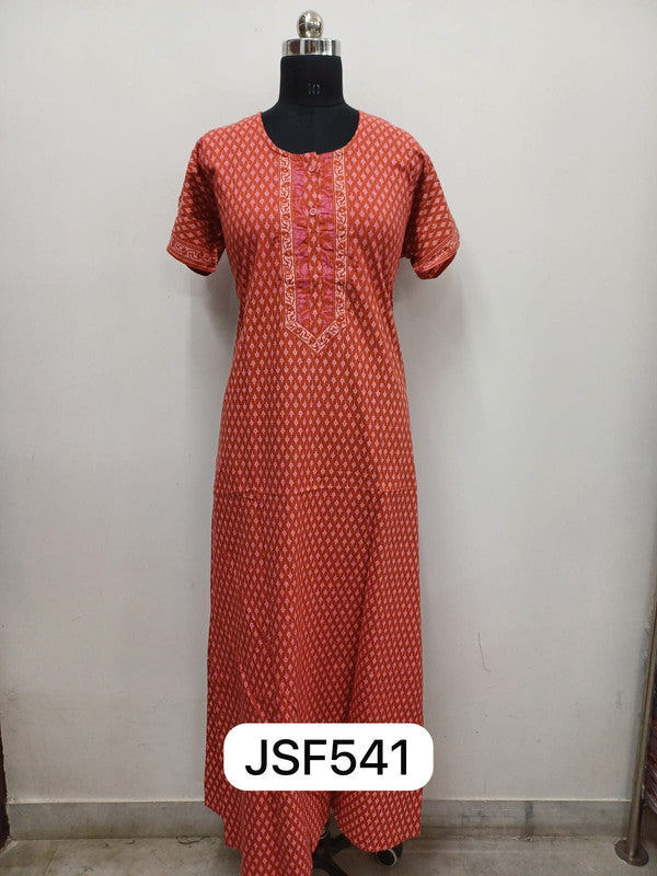 Women's Nighty Cotton Blend Full Length Printed Night Dress Comfortable Sleepwear for Women - Rust - 541C