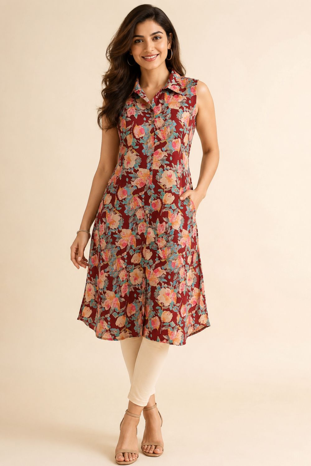 Women's Cotton Blend Printed Sleeveless Kurti | Regular Collar Below Knee Kurti for Women | Regular Fit Ethnic Daily Wear Kurta - JS53