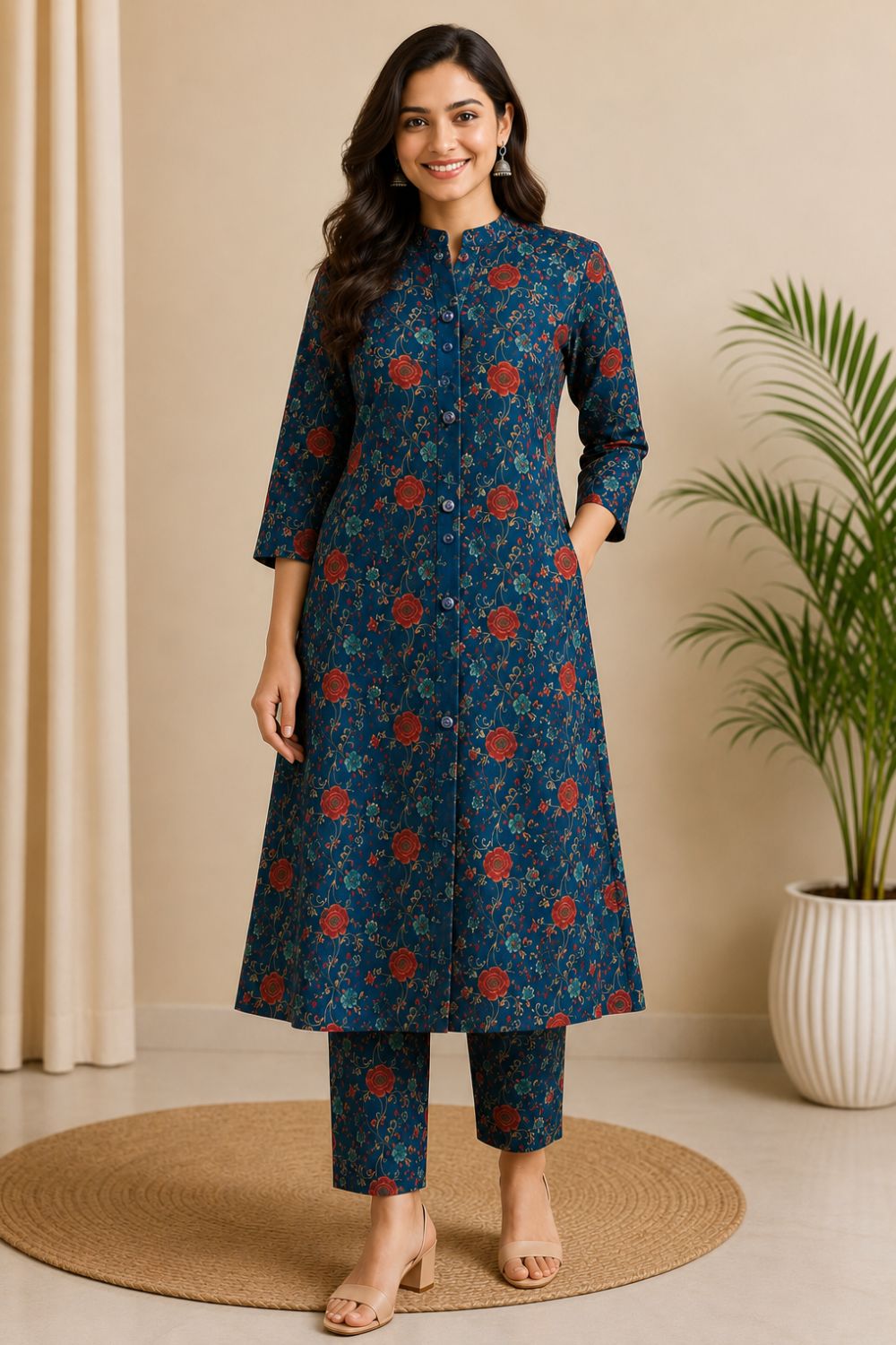 Women's Cotton Blend Printed Kurti Set | Mandarin Collar 3/4 Sleeve Ethnic Kurta Set for Women | Regular Fit Below Knee Daily & Office Wear - JS85