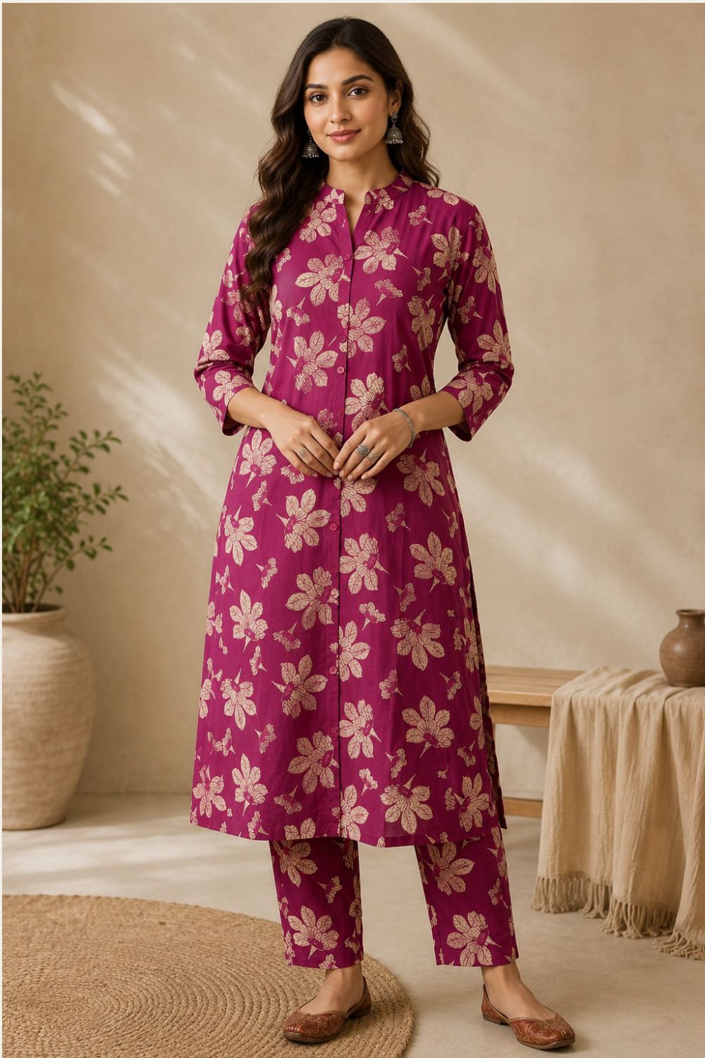 Women's Cotton Blend Printed Kurti Set | Mandarin Collar 3/4 Sleeve Ethnic Kurta Set for Women | Regular Fit Below Knee Daily & Office Wear - JS85