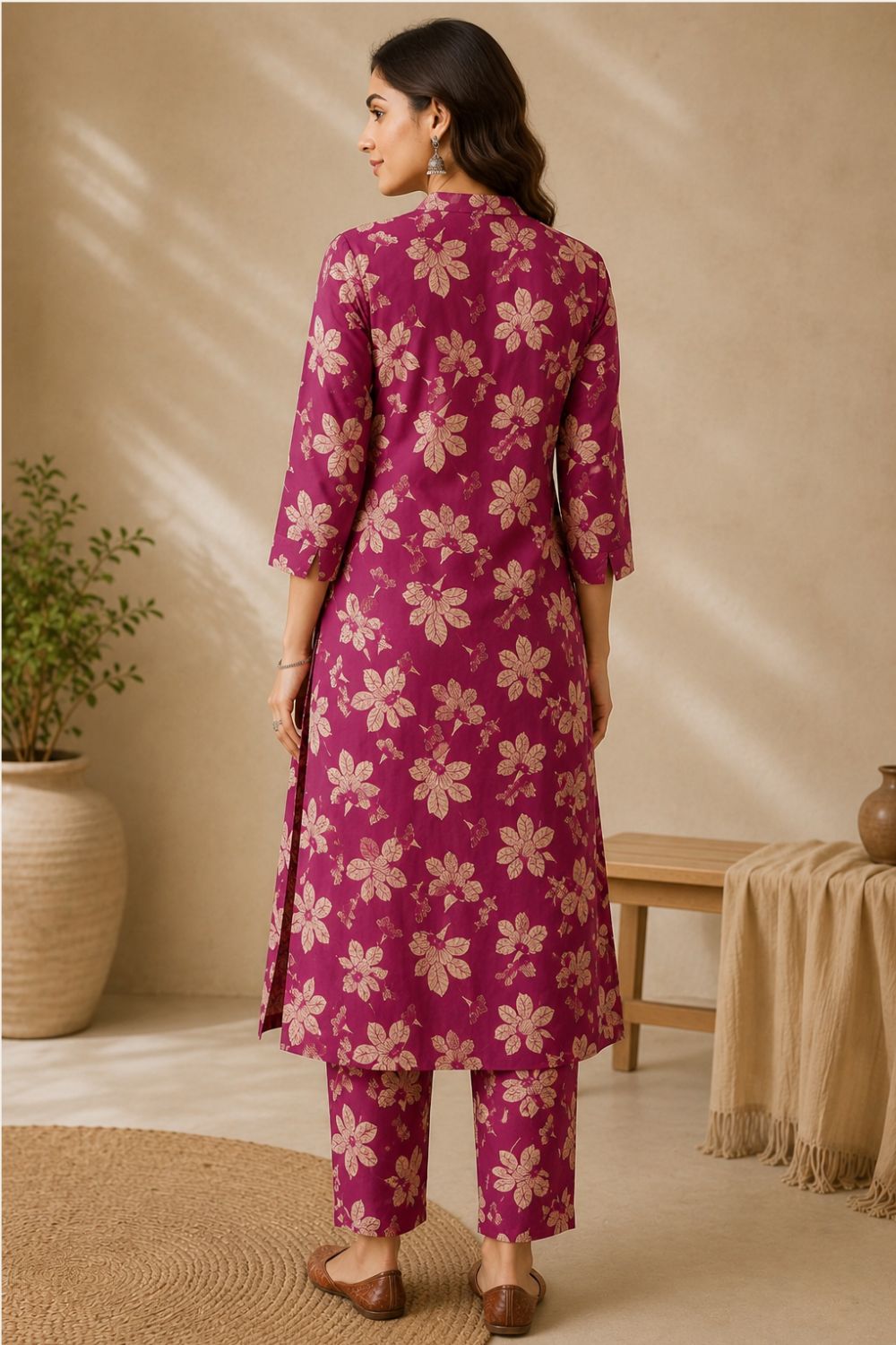 Women's Cotton Blend Printed Kurti Set | Mandarin Collar 3/4 Sleeve Ethnic Kurta Set for Women | Regular Fit Below Knee Daily & Office Wear - JS85