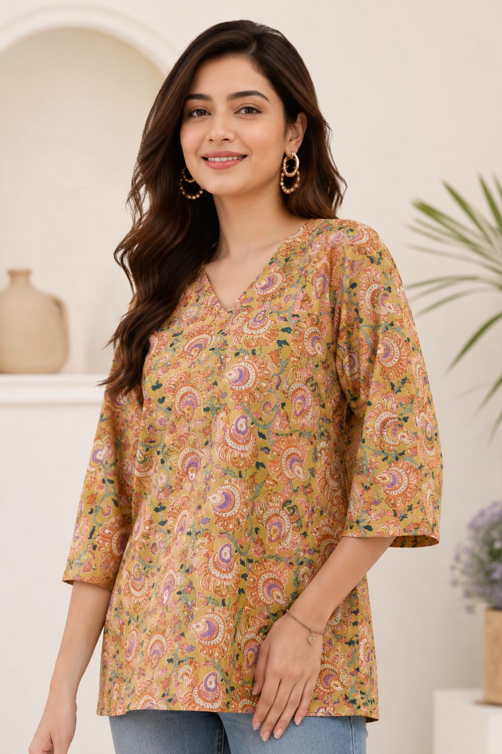 Women's Cotton Blend Printed Top | V-Neck 3/4 Sleeve Casual Top for Women | Everyday Regular Fit Fashion Top - JS21