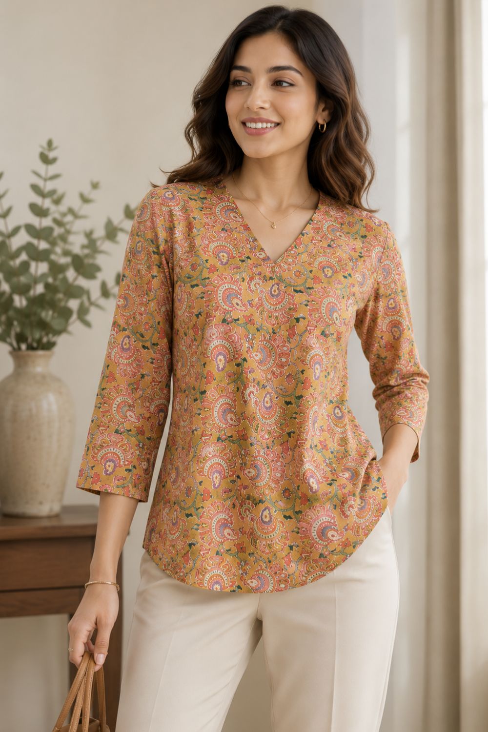 Women's Cotton Blend Printed Top | V-Neck 3/4 Sleeve Casual Top for Women | Everyday Regular Fit Fashion Top - JS21