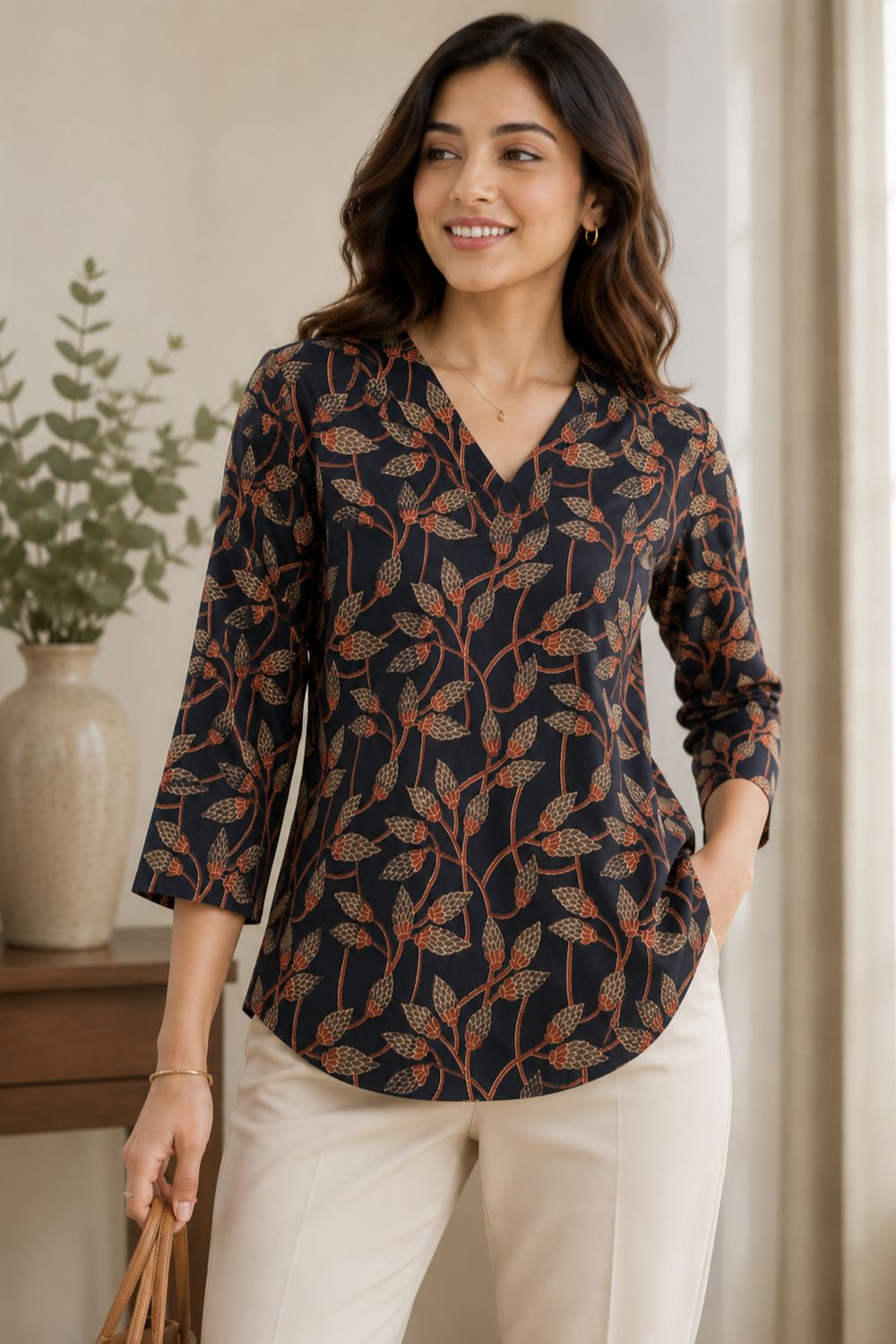 Women's Cotton Blend Printed Top | V-Neck 3/4 Sleeve Casual Top for Women | Everyday Regular Fit Fashion Top - JS21