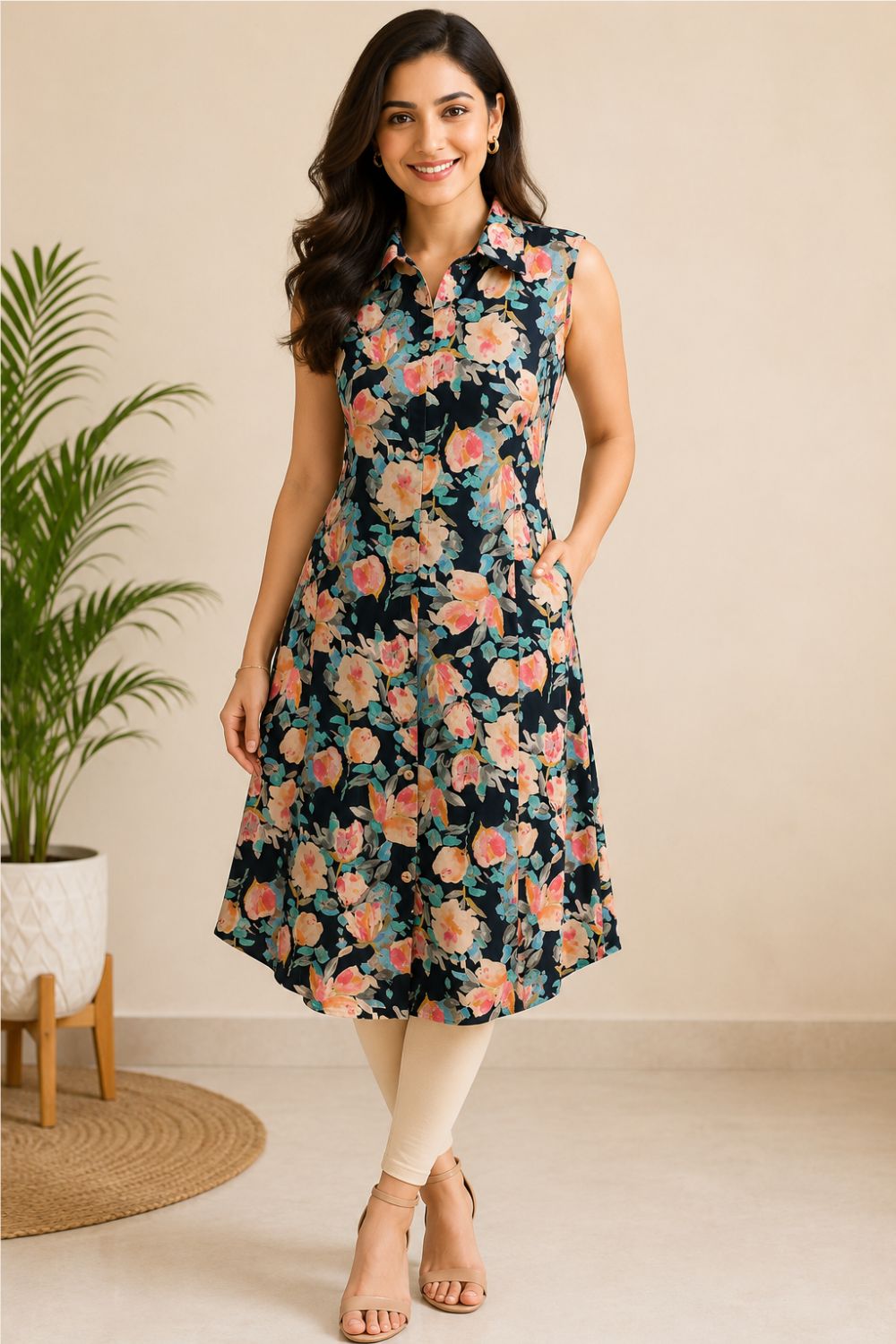 Women's Cotton Blend Printed Sleeveless Kurti | Regular Collar Below Knee Kurti for Women | Regular Fit Ethnic Daily Wear Kurta - JS53