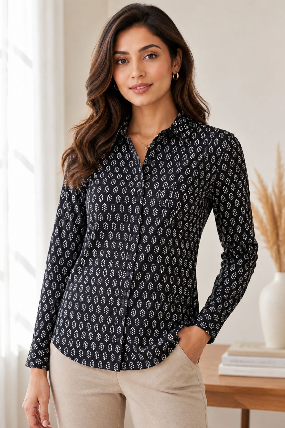 Women's Cotton Blend Printed Shirt | Regular Collar Full Sleeve Casual Shirt for Women | Regular Fit Everyday Office & Casual Wear - JS24