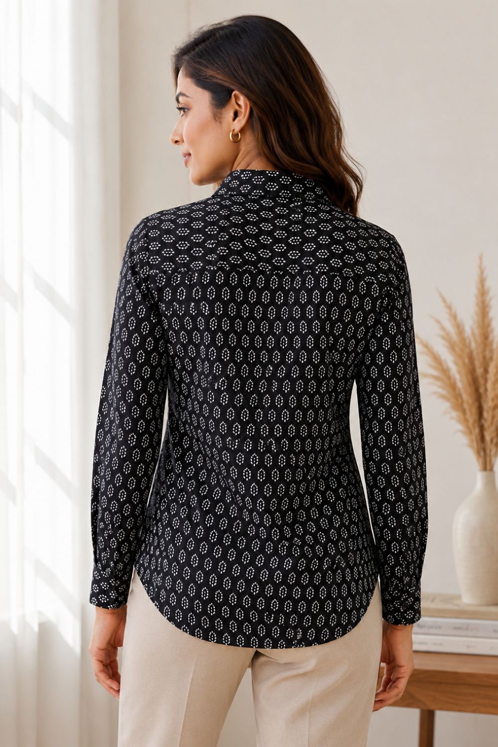 Women's Cotton Blend Printed Shirt | Regular Collar Full Sleeve Casual Shirt for Women | Regular Fit Everyday Office & Casual Wear - JS24