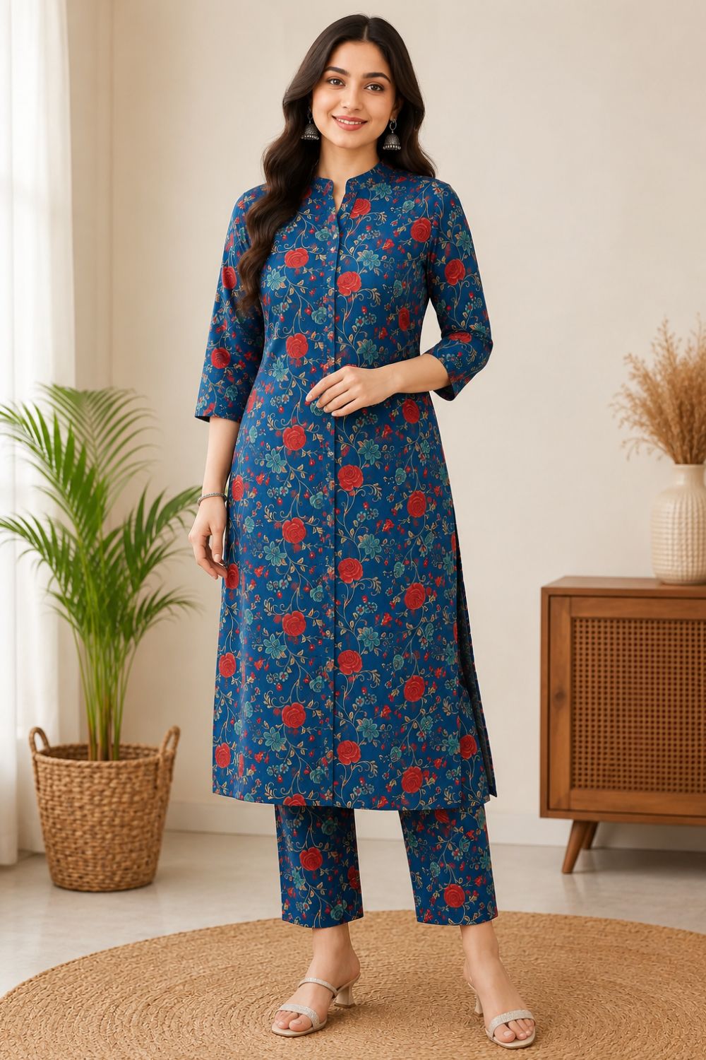 Women's Cotton Blend Printed Kurti Set | Mandarin Collar 3/4 Sleeve Ethnic Kurta Set for Women | Regular Fit Below Knee Daily & Office Wear - JS85