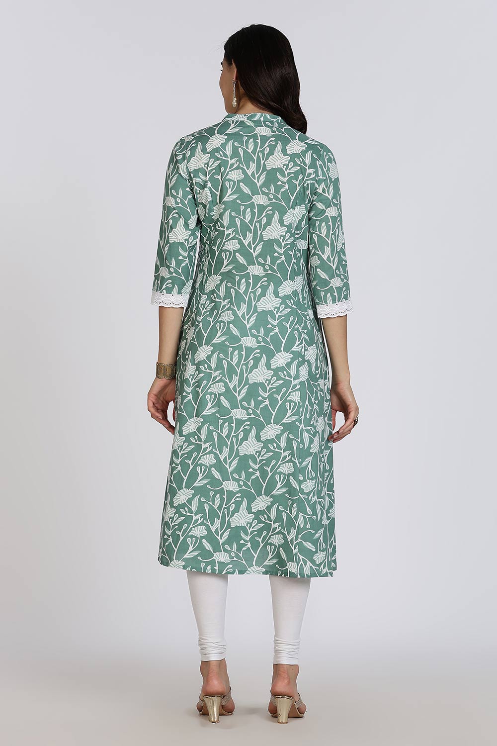 Mythri Women's Cotton Cambric Kurthi | Flared Ethnic Wear with Underbust Gathers & Lace-Trimmed Sleeves - Green - K001