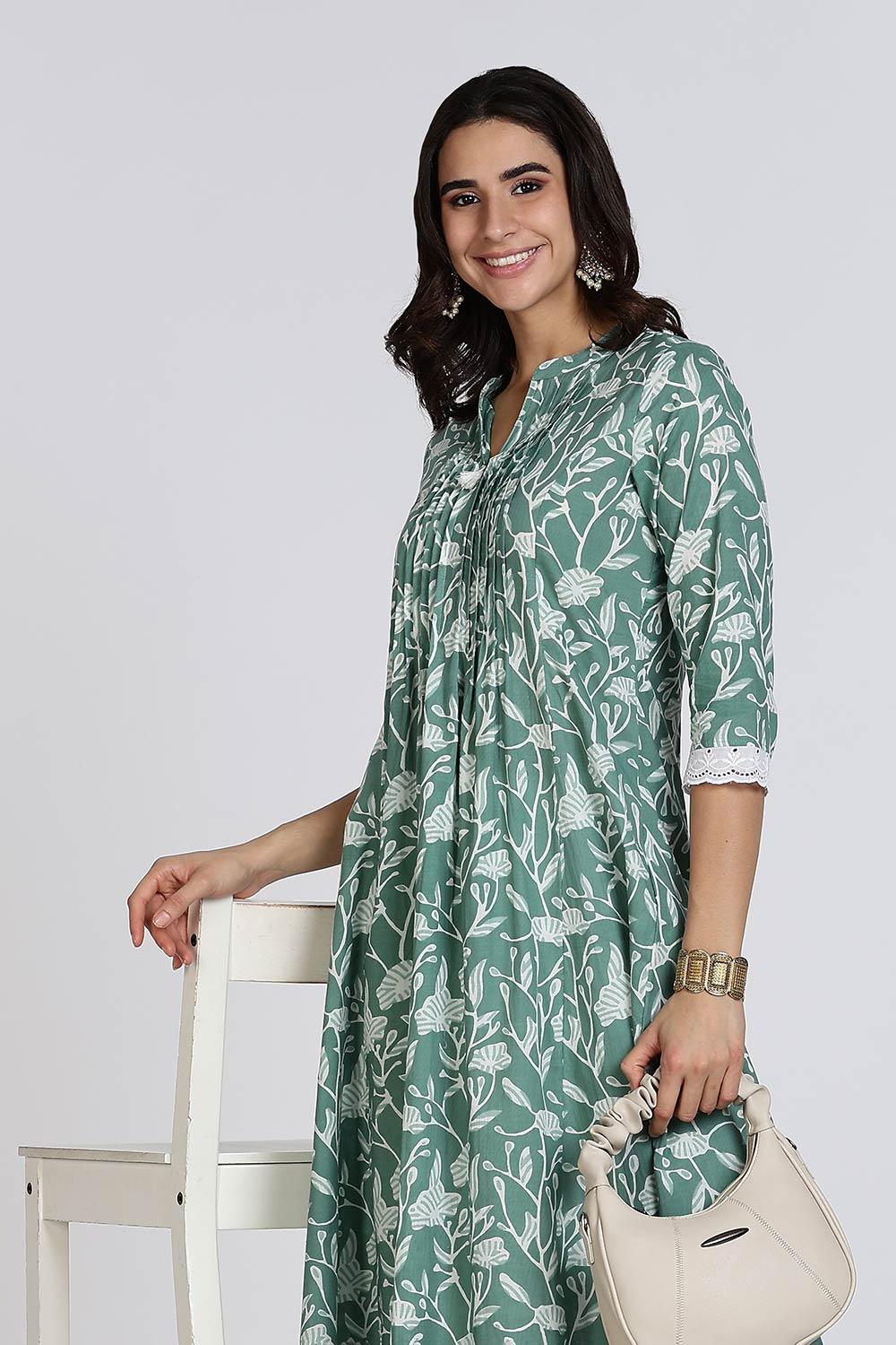 Mythri Women's Cotton Cambric Kurthi | Flared Ethnic Wear with Underbust Gathers & Lace-Trimmed Sleeves - Green - K001